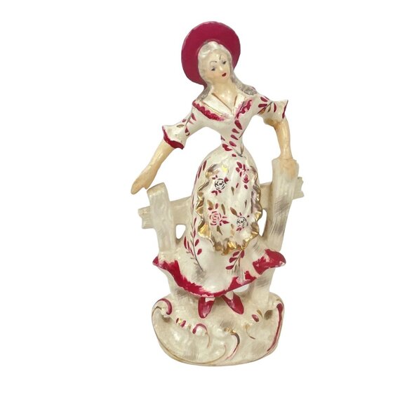 Vintage Hand-Painted Ceramic Figurine Of Woman In Red Bonnet & Dress - Picture 5 of 8